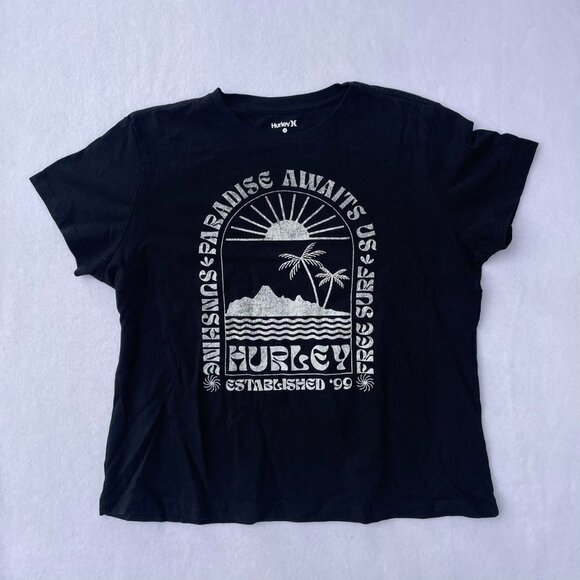 Hurley Tops - Hurley Black Surf Graphic Oversized Cropped Baby Tee Size L Surfer Beach Chill